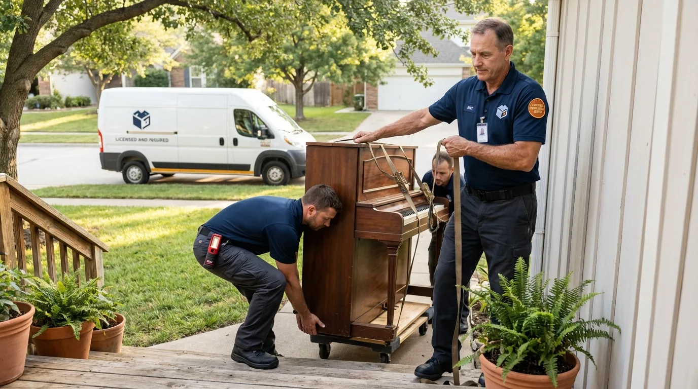 Licensed piano movers securing grand piano in Deming, NM