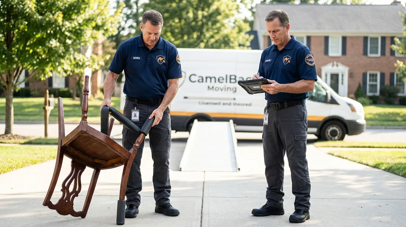 Movers inspecting furniture for damage prevention before loading in Deming, NM