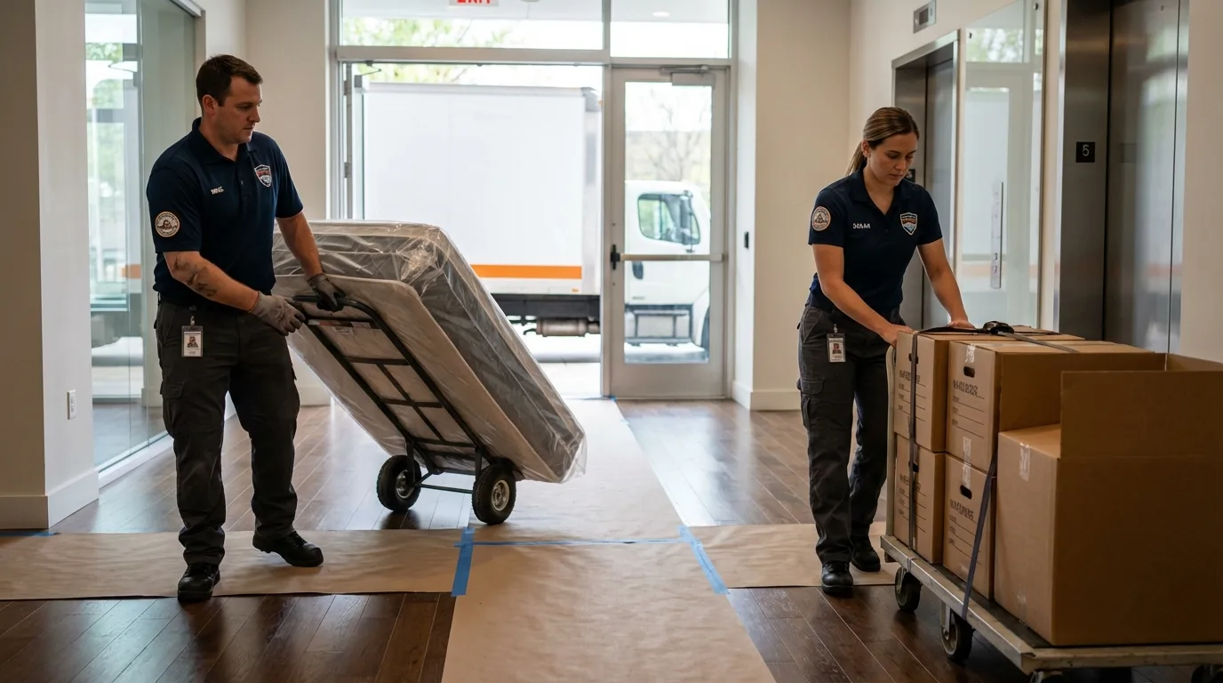 Professional apartment movers loading elevator in Deming, NM