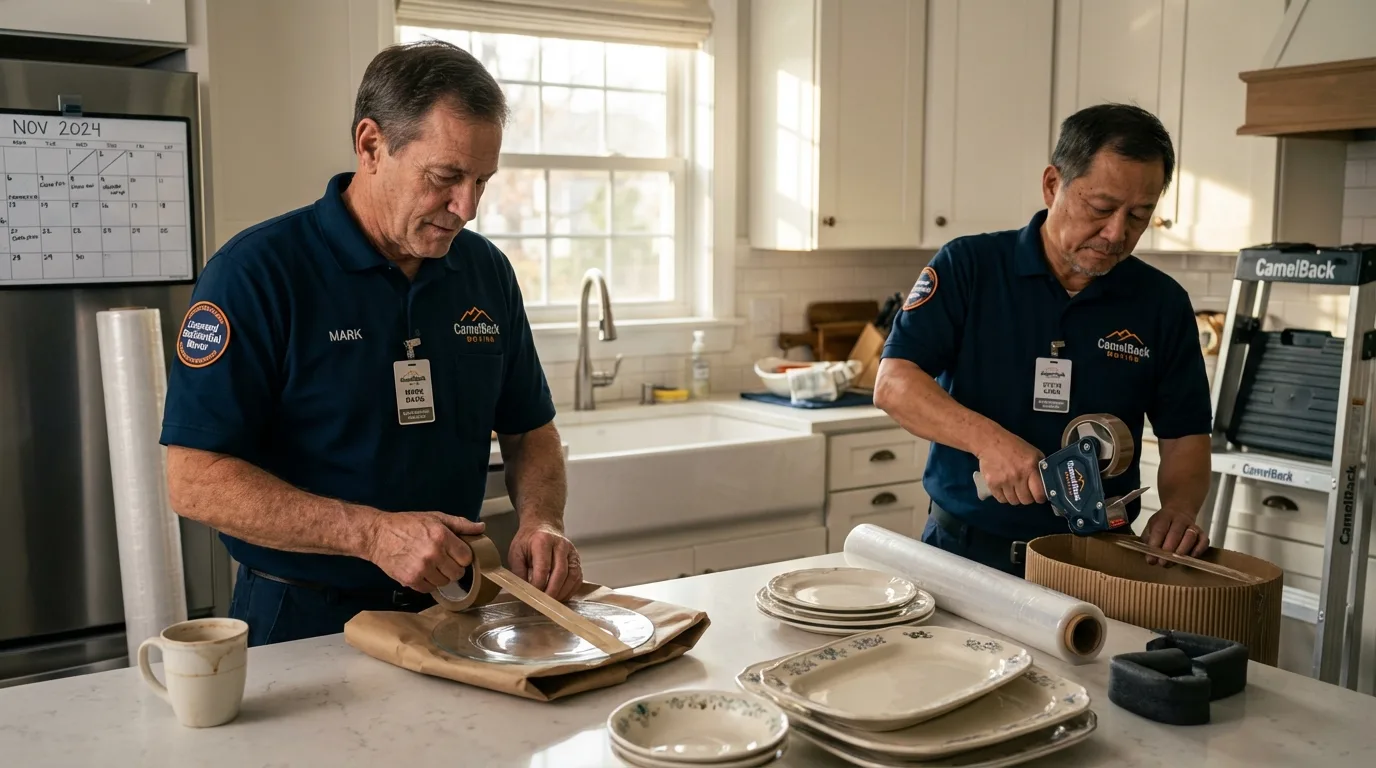 Professional crew packing kitchen dishware in Deming, NM